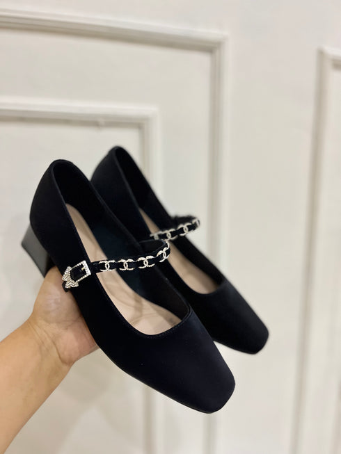 Women Stylish Rhinestone Decor Buckle Strap Block Mary Jane Heel